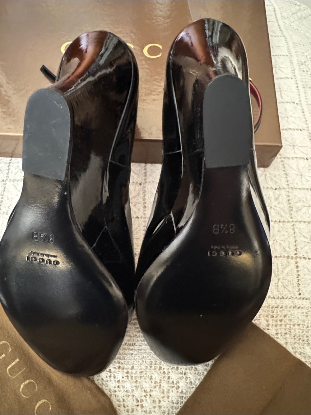 Gucci NIB black patent platform wedges with signature brass horsebit accent. - Picture 4 of 5